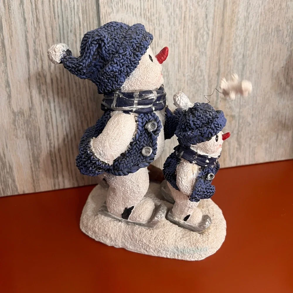 Snowman Buddy Family Ice Skating Figurine Blue Knit Sweaters Squirrel Bird